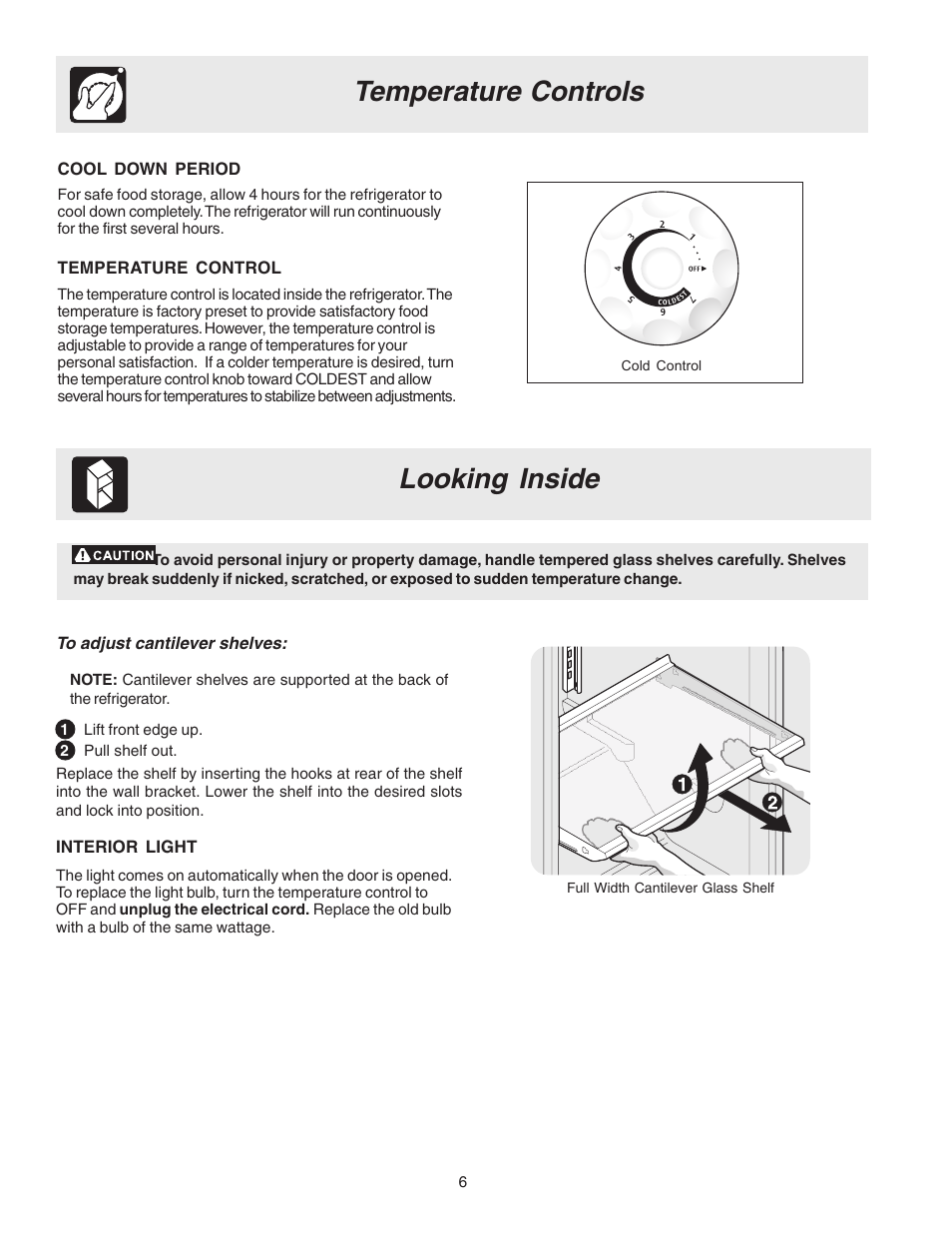 Temperature controls, Looking inside | FRIGIDAIRE Single Door Refrigerator 297005500 User Manual | Page 6 / 13