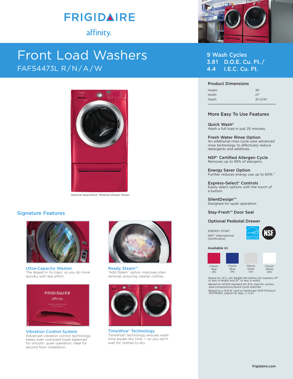 FRIGIDAIRE AFFINITY FAFS4473L User Manual | 3 pages