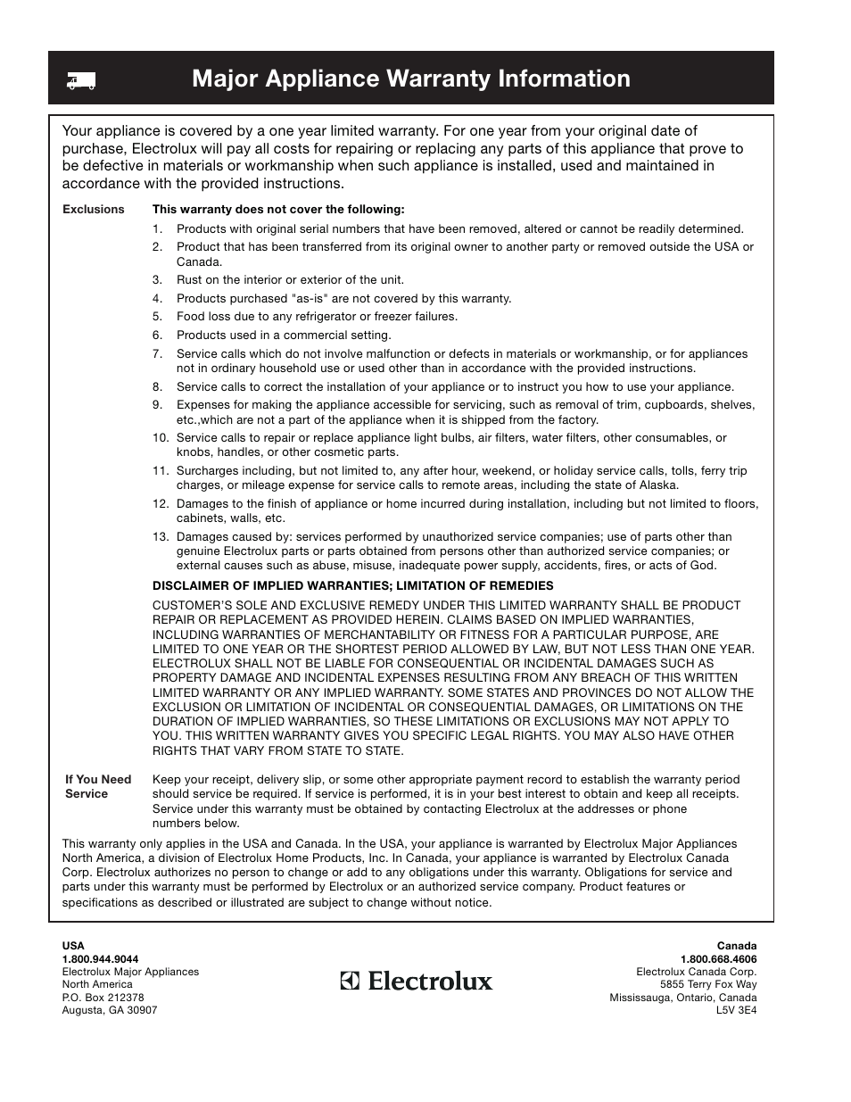 Major appliance warranty information | FRIGIDAIRE Refrigerator Espaol 27 User Manual | Page 22 / 26