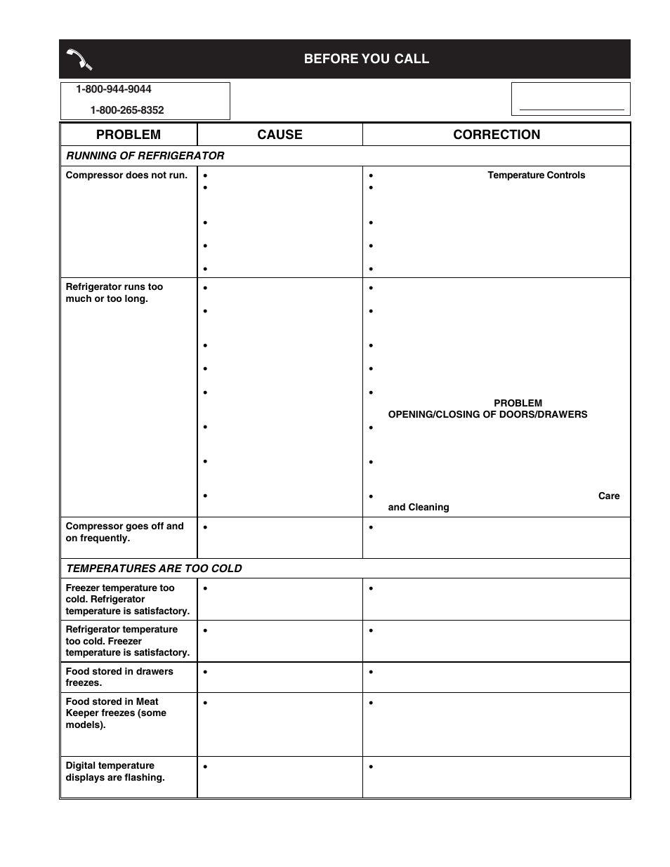 Before you call, Problem cause correction | FRIGIDAIRE Refrigerator Espaol 27 User Manual | Page 23 / 26