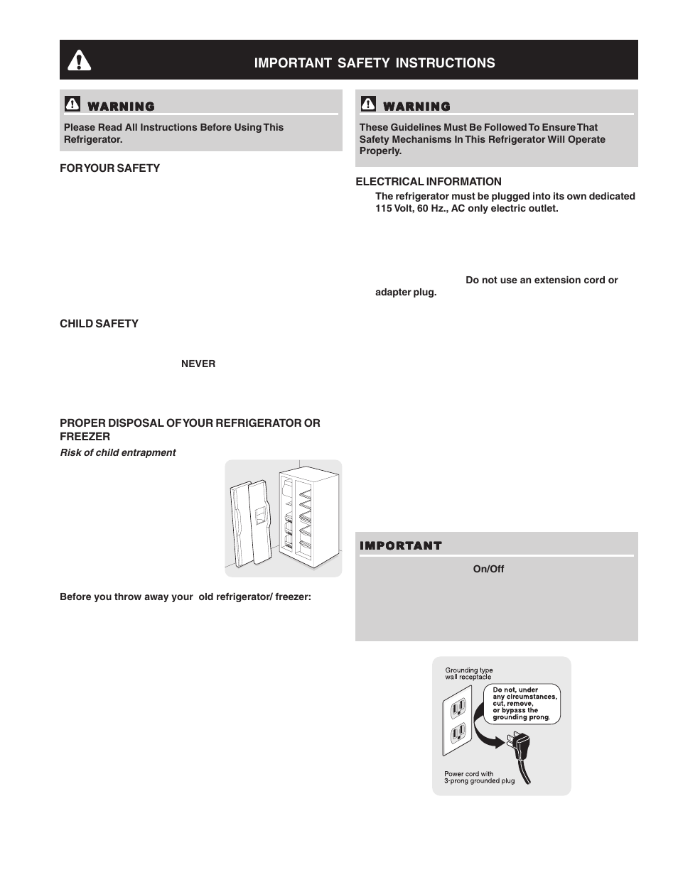 Important safety instructions | FRIGIDAIRE Refrigerator Espaol 27 User Manual | Page 3 / 26