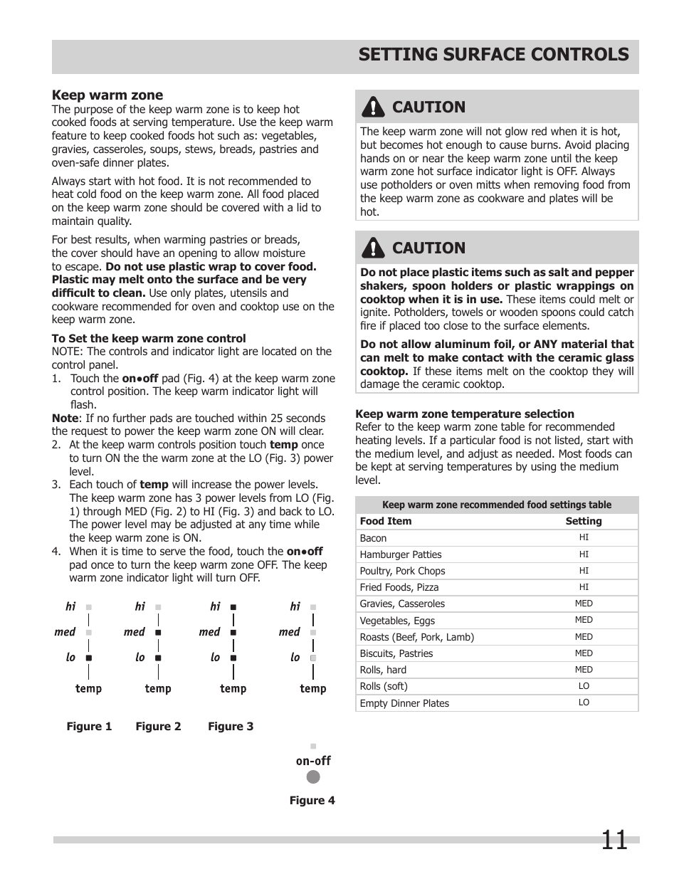 Setting surface controls, Caution | FRIGIDAIRE 318205204 User Manual | Page 11 / 40