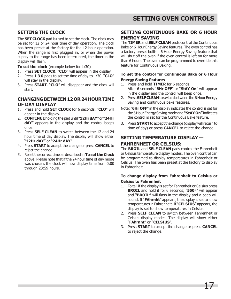 Setting oven controls | FRIGIDAIRE 318205204 User Manual | Page 17 / 40