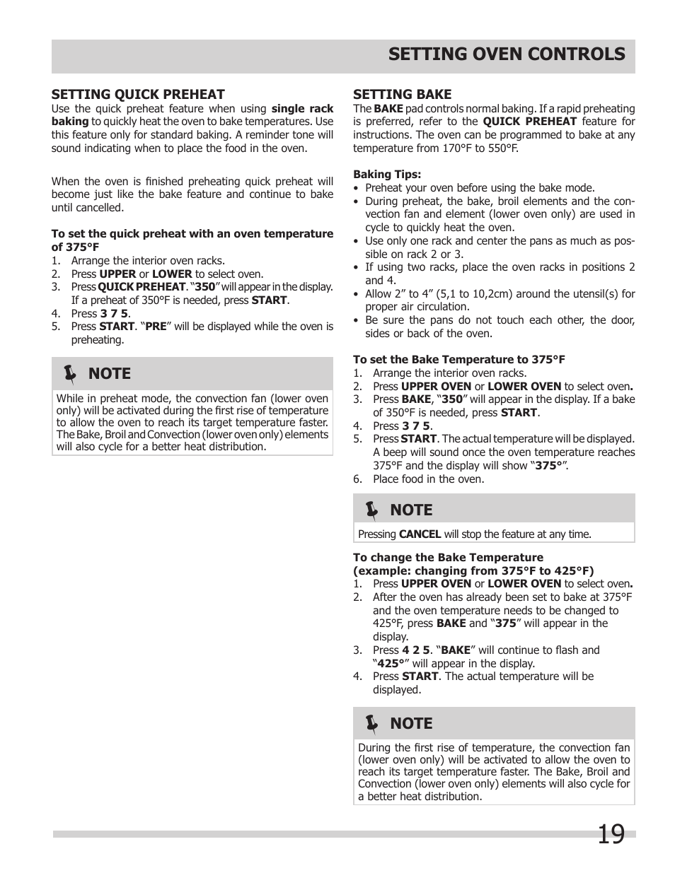 Setting oven controls | FRIGIDAIRE 318205204 User Manual | Page 19 / 40