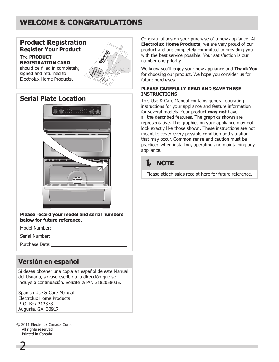 Product registration, Serial plate location, Versión en español | FRIGIDAIRE 318205204 User Manual | Page 2 / 40