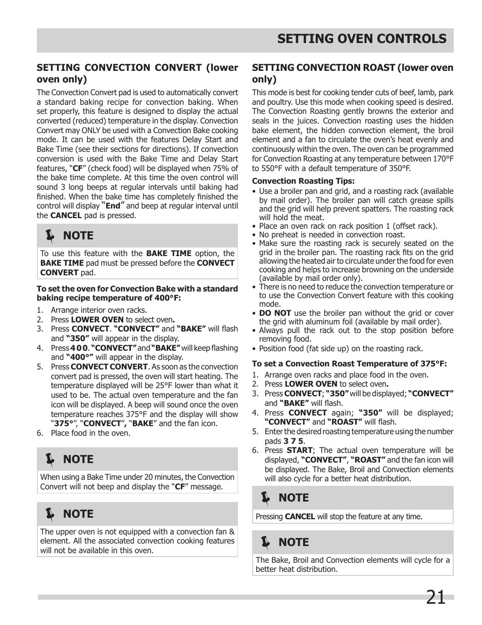 Setting oven controls | FRIGIDAIRE 318205204 User Manual | Page 21 / 40