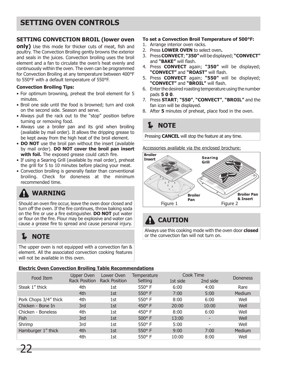 Setting oven controls, Warning, Caution | FRIGIDAIRE 318205204 User Manual | Page 22 / 40