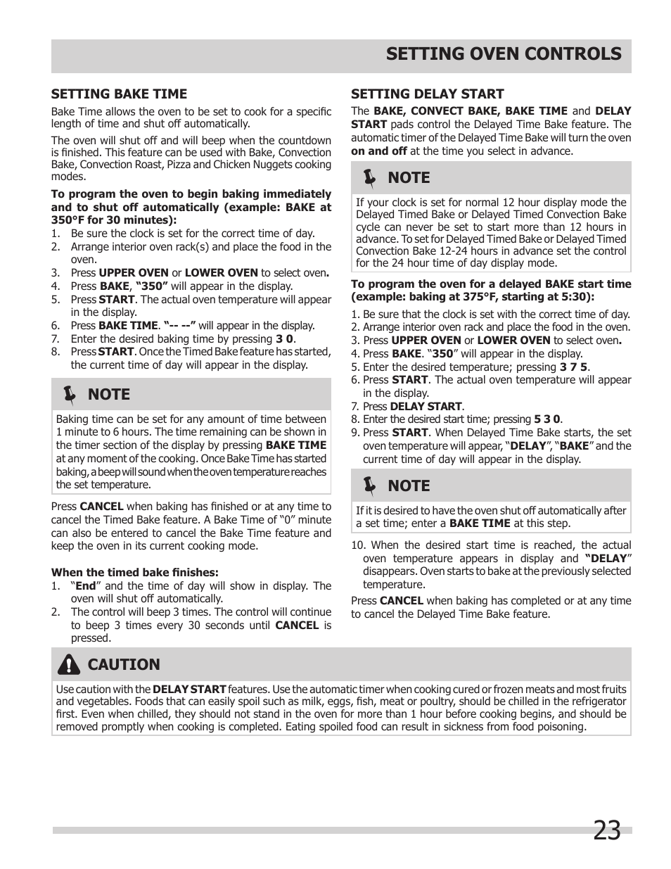 Setting oven controls, Caution | FRIGIDAIRE 318205204 User Manual | Page 23 / 40