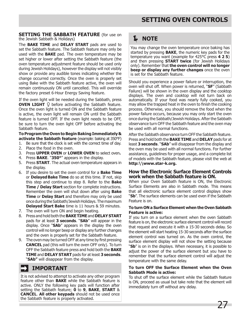Setting oven controls, Important | FRIGIDAIRE 318205204 User Manual | Page 27 / 40