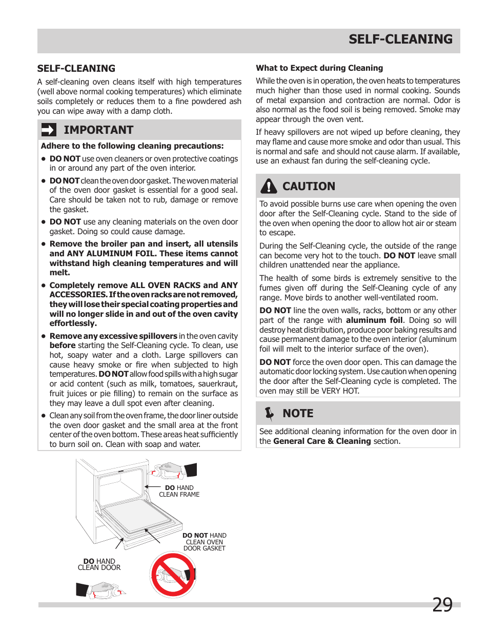 Self-cleaning, Caution, Important | FRIGIDAIRE 318205204 User Manual | Page 29 / 40