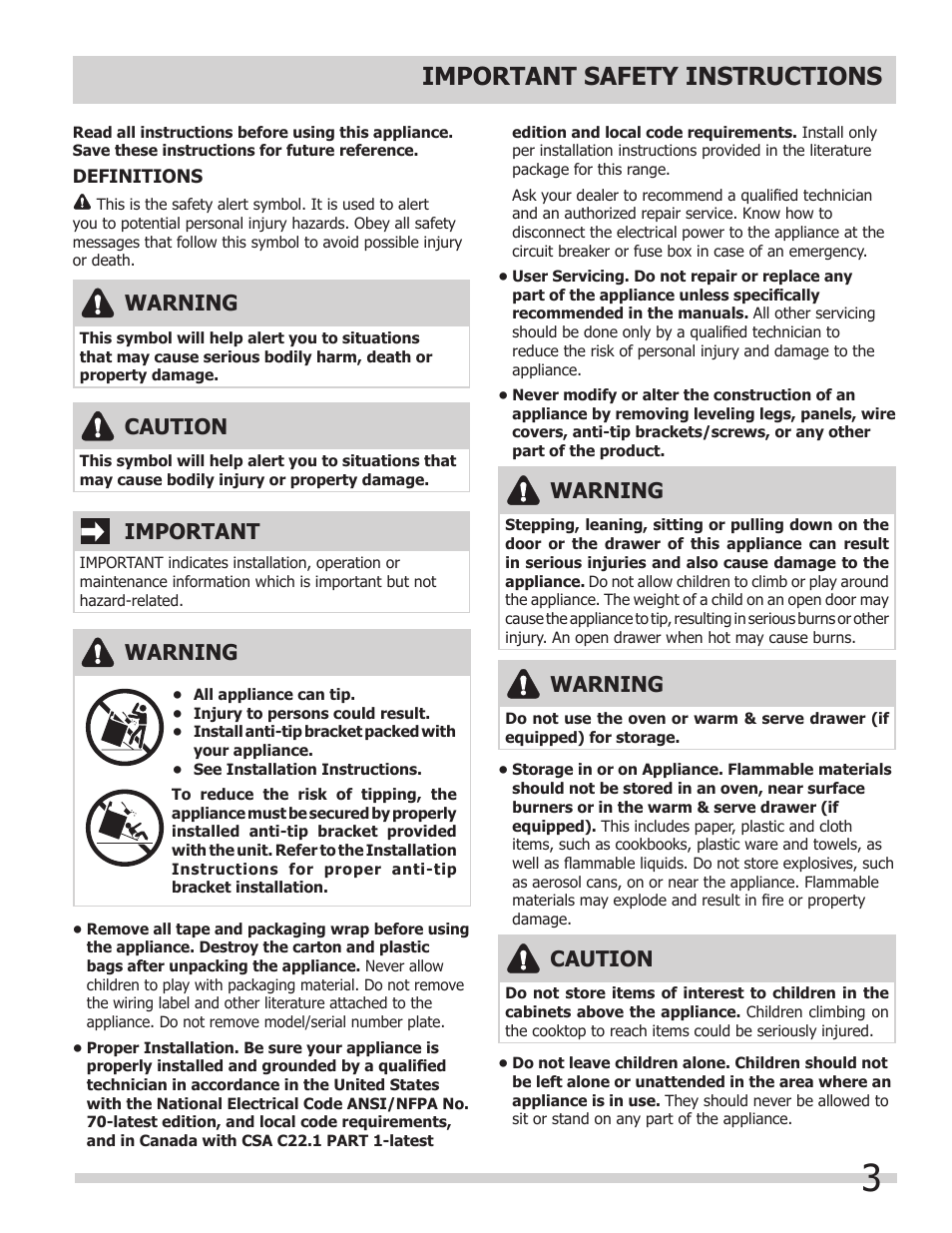 Important safety instructions, Warning, Caution | Important | FRIGIDAIRE 318205204 User Manual | Page 3 / 40