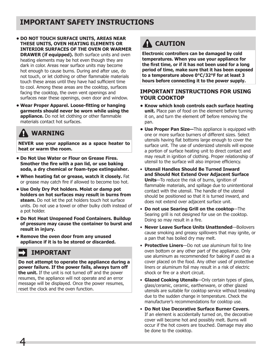 Important safety instructions, Warning, Important | Caution | FRIGIDAIRE 318205204 User Manual | Page 4 / 40