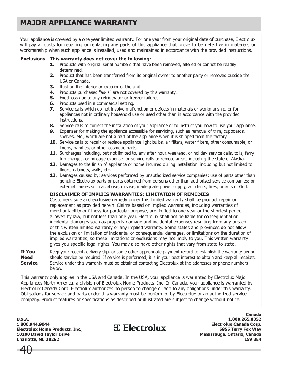 Major appliance warranty | FRIGIDAIRE 318205204 User Manual | Page 40 / 40