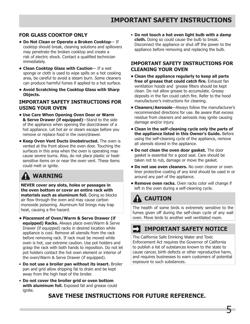 Important safety instructions, Warning, Caution | Important safety notice, Save these instructions for future reference | FRIGIDAIRE 318205204 User Manual | Page 5 / 40