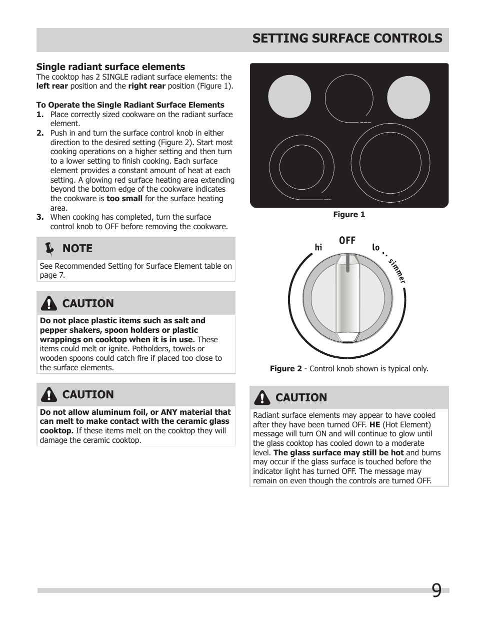 Setting surface controls, Caution | FRIGIDAIRE 318205204 User Manual | Page 9 / 40