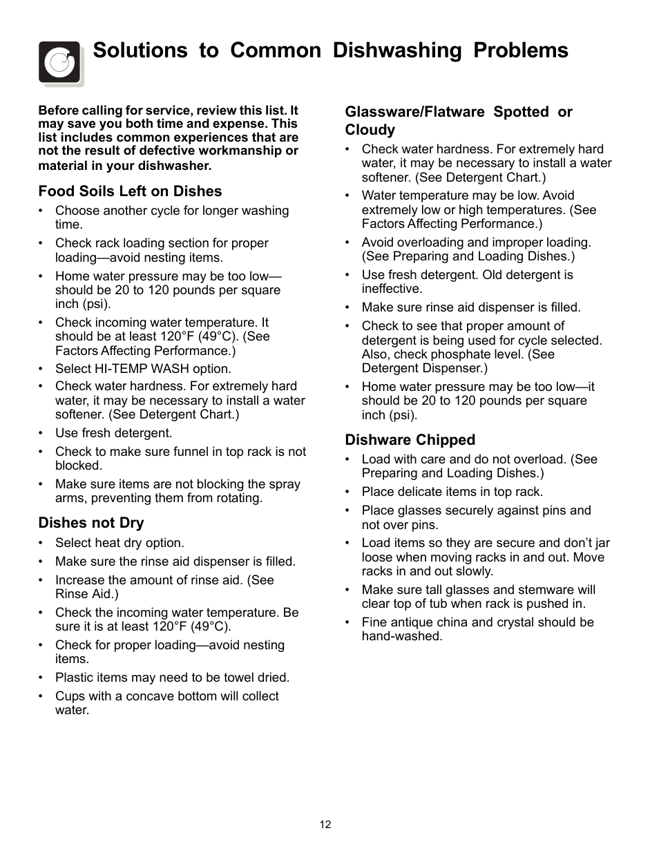 Solutions to common dishwashing problems | FRIGIDAIRE 500 User Manual | Page 12 / 16