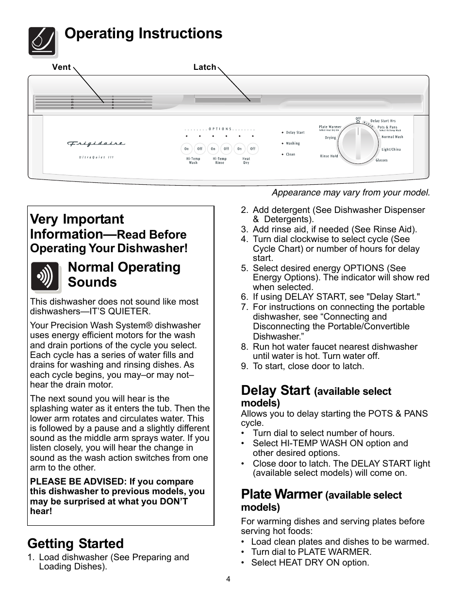 Operating instructions, Very important information, Normal operating sounds | Delay start, Plate warmer, Getting started, Read before operating your dishwasher | FRIGIDAIRE 500 User Manual | Page 4 / 16