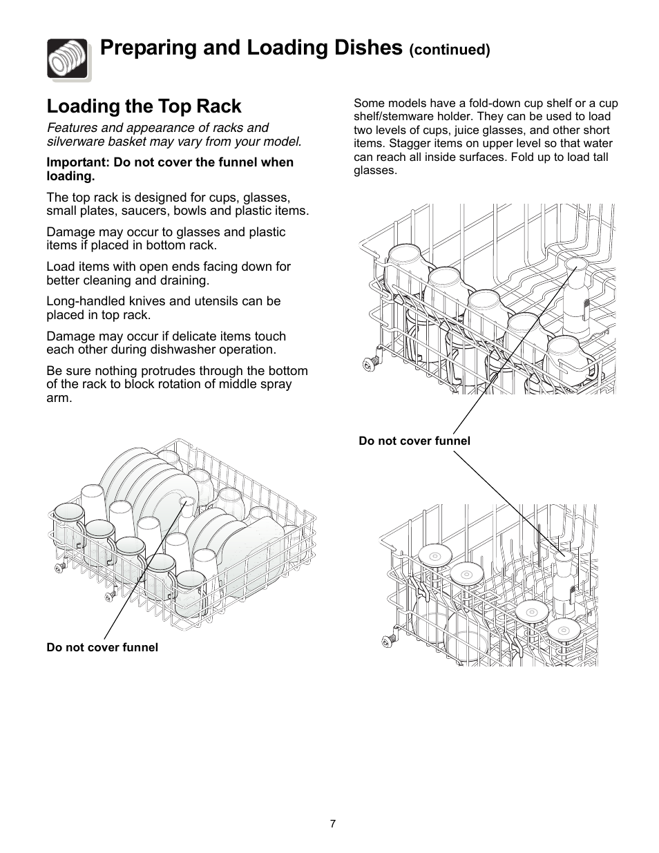 Preparing and loading dishes, Loading the top rack | FRIGIDAIRE 500 User Manual | Page 7 / 16