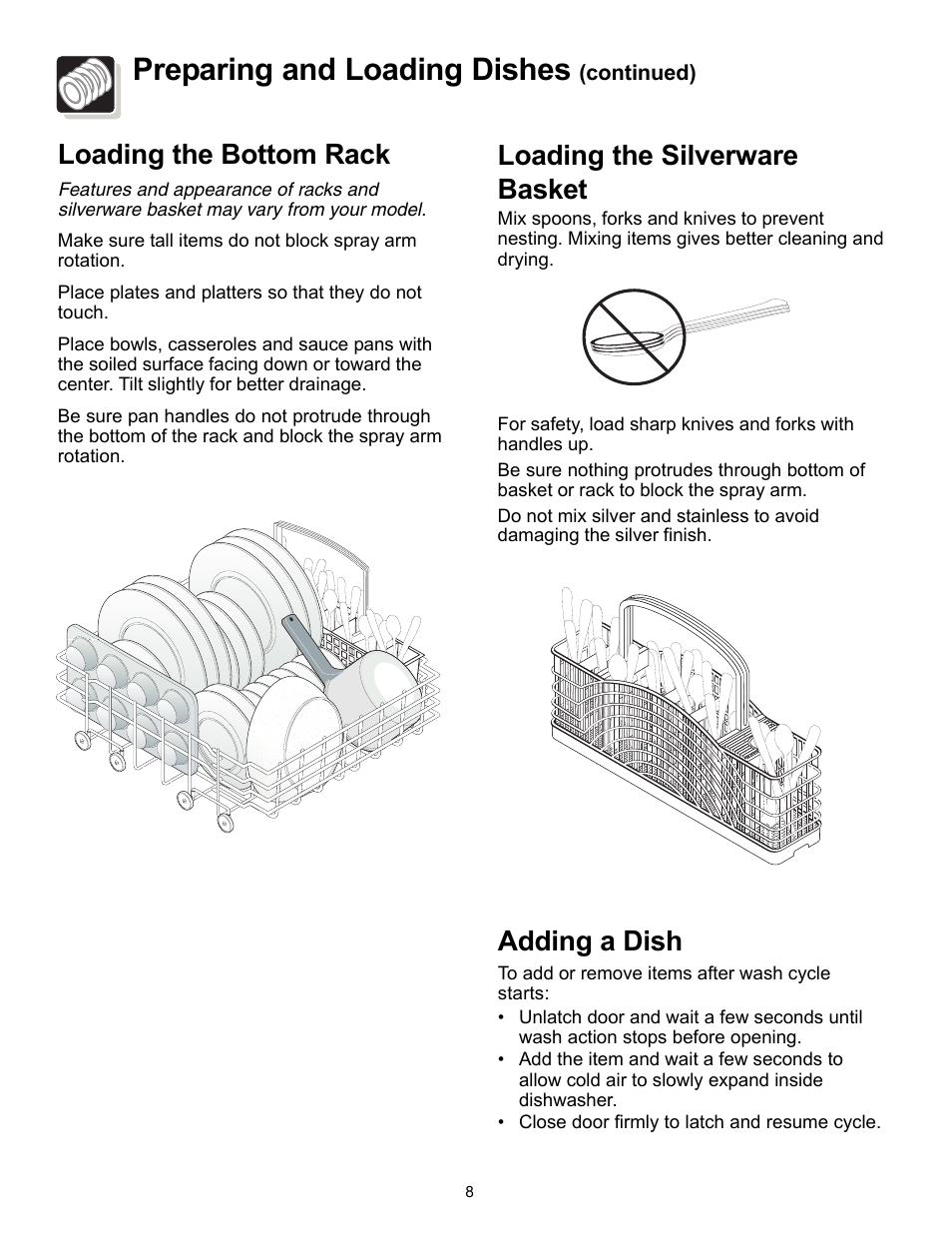 Preparing and loading dishes, Loading the silverware basket, Adding a dish | Loading the bottom rack | FRIGIDAIRE 500 User Manual | Page 8 / 16