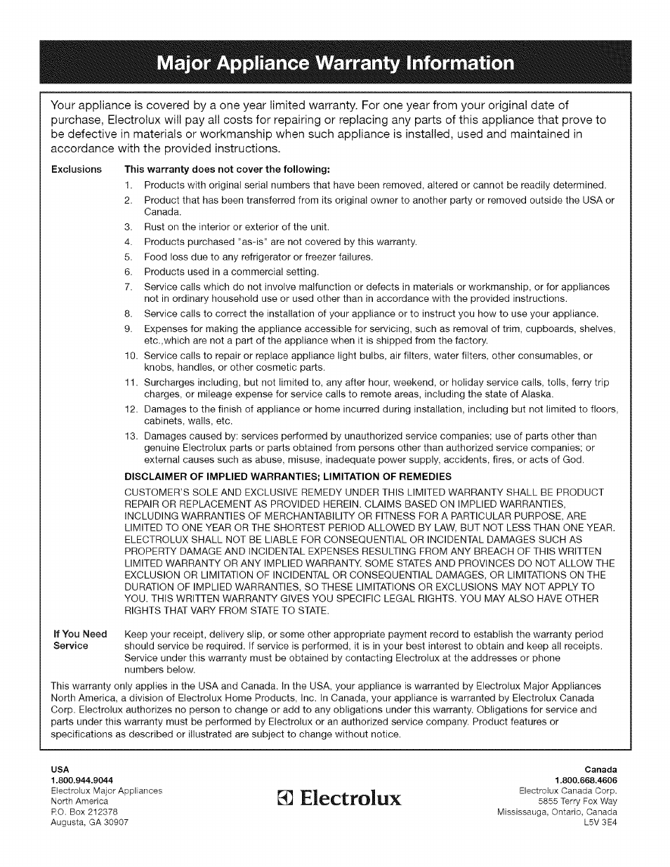 Màjòr appliance wafràhty, 0] electrolux | FRIGIDAIRE Washer User Manual | Page 11 / 11
