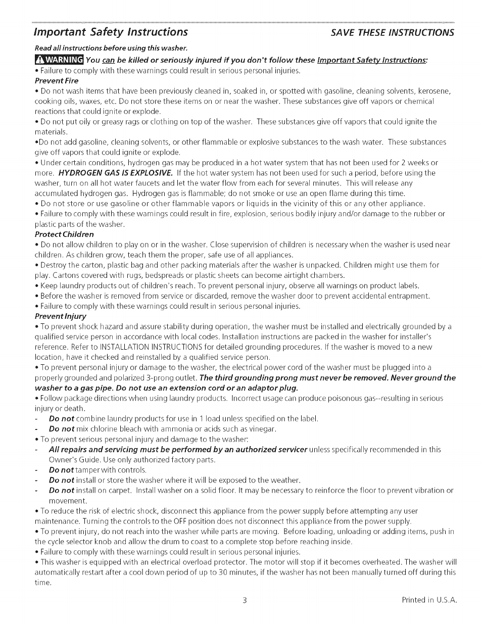 Important safety instructions, Save these instructions | FRIGIDAIRE Washer User Manual | Page 3 / 11