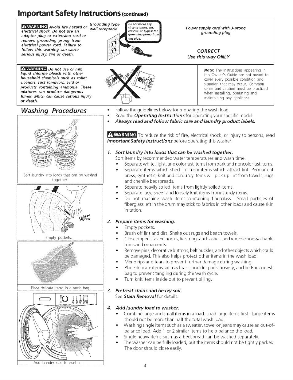 Correct use this way only, Prepare items for washing, Pretreat stains and heavy soil | Add laundry load to washer, Importarit safety iristry ctions ccootiriyeci), Washing procedures | FRIGIDAIRE Washer User Manual | Page 4 / 11
