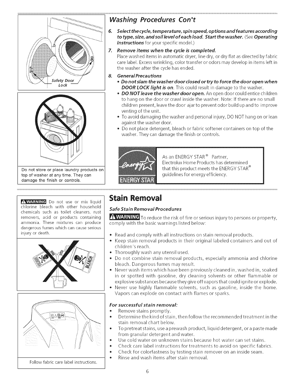 General precautions, Safe stain removal procedures, For successful stain removal | Stain removal, Washing procedures con't | FRIGIDAIRE Washer User Manual | Page 6 / 11