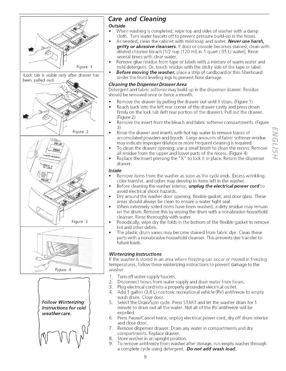 Winterizing instructions, Care, And cleaning | FRIGIDAIRE Washer User Manual | Page 9 / 11