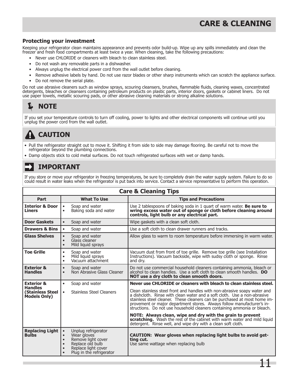 Care & cleaning, Important, Caution | FRIGIDAIRE 242063800 User Manual | Page 11 / 13