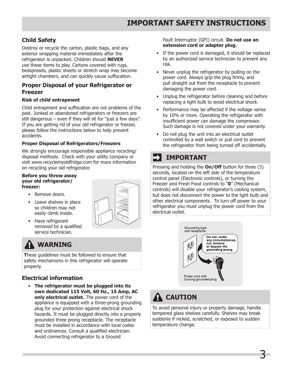 Important safety instructions, Warning, Important | Caution | FRIGIDAIRE 242063800 User Manual | Page 3 / 13