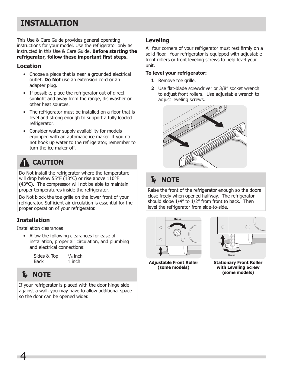 Installation, Caution | FRIGIDAIRE 242063800 User Manual | Page 4 / 13