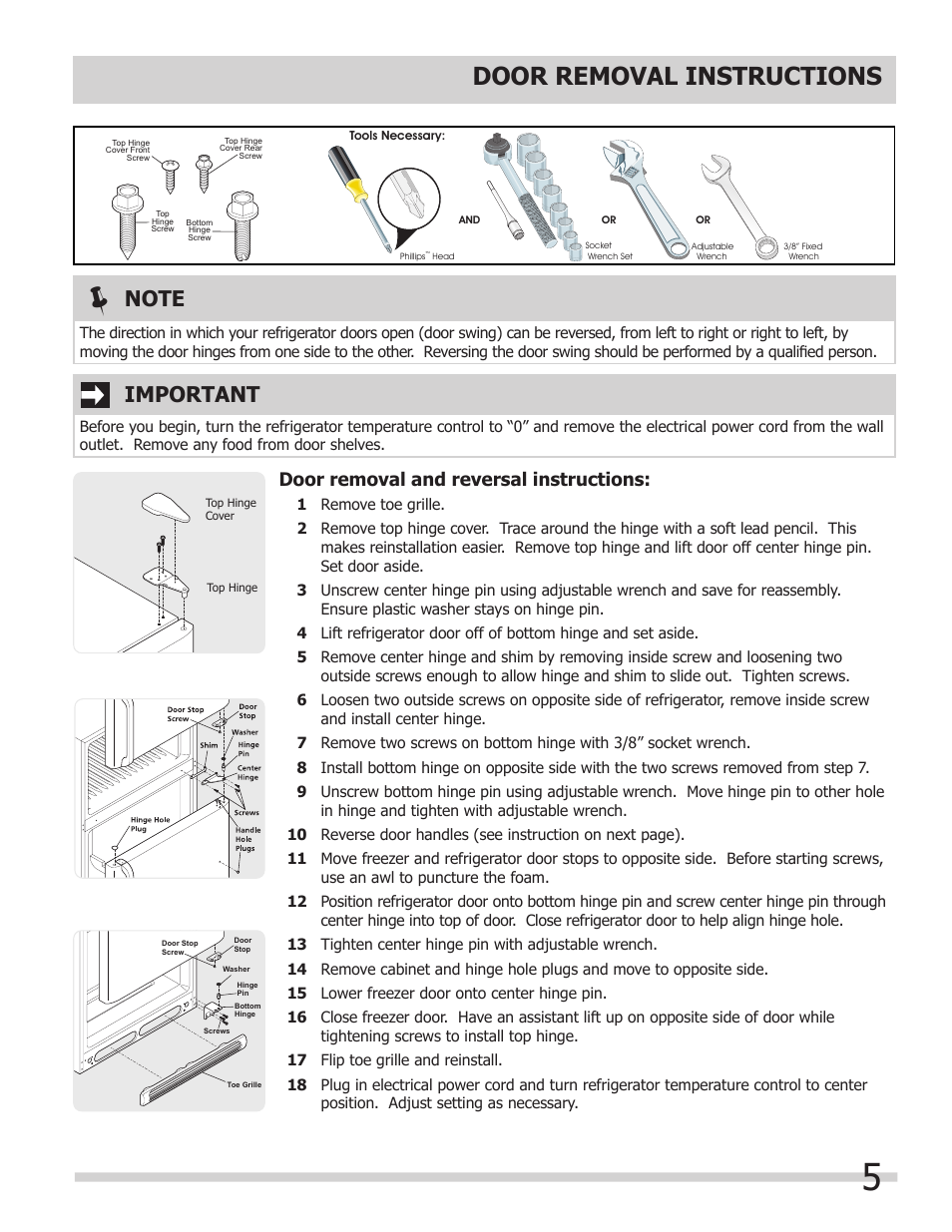 Door removal instructions, Important, Door removal and reversal instructions | FRIGIDAIRE 242063800 User Manual | Page 5 / 13