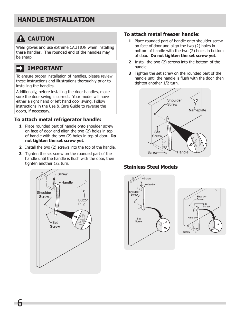 Handle installation, Important, Caution | FRIGIDAIRE 242063800 User Manual | Page 6 / 13