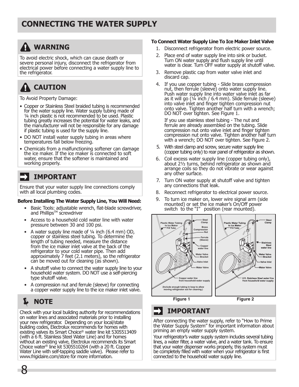 Connecting the water supply, Warning, Caution | Important | FRIGIDAIRE 242063800 User Manual | Page 8 / 13