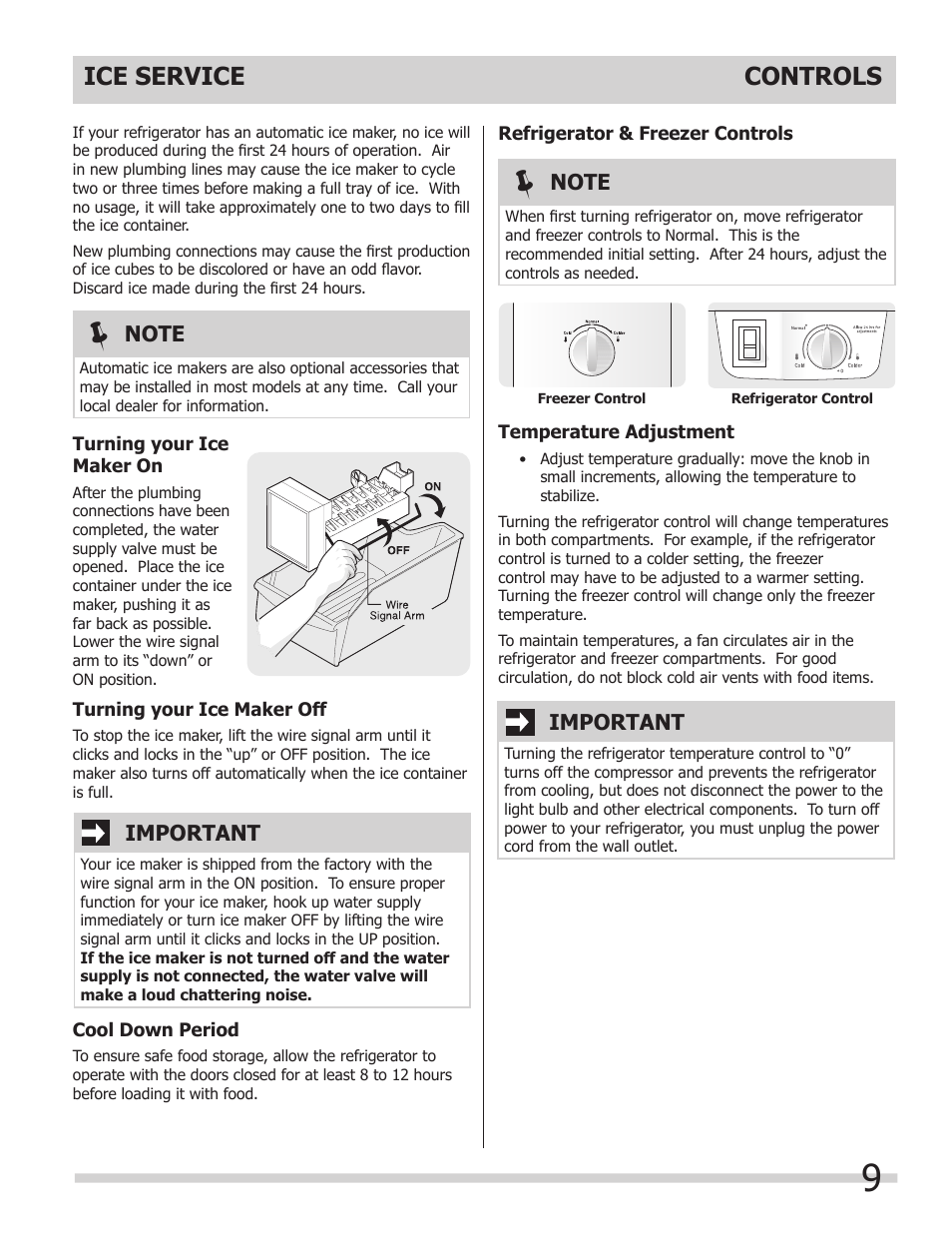 Controls, Ice service, Important | FRIGIDAIRE 242063800 User Manual | Page 9 / 13