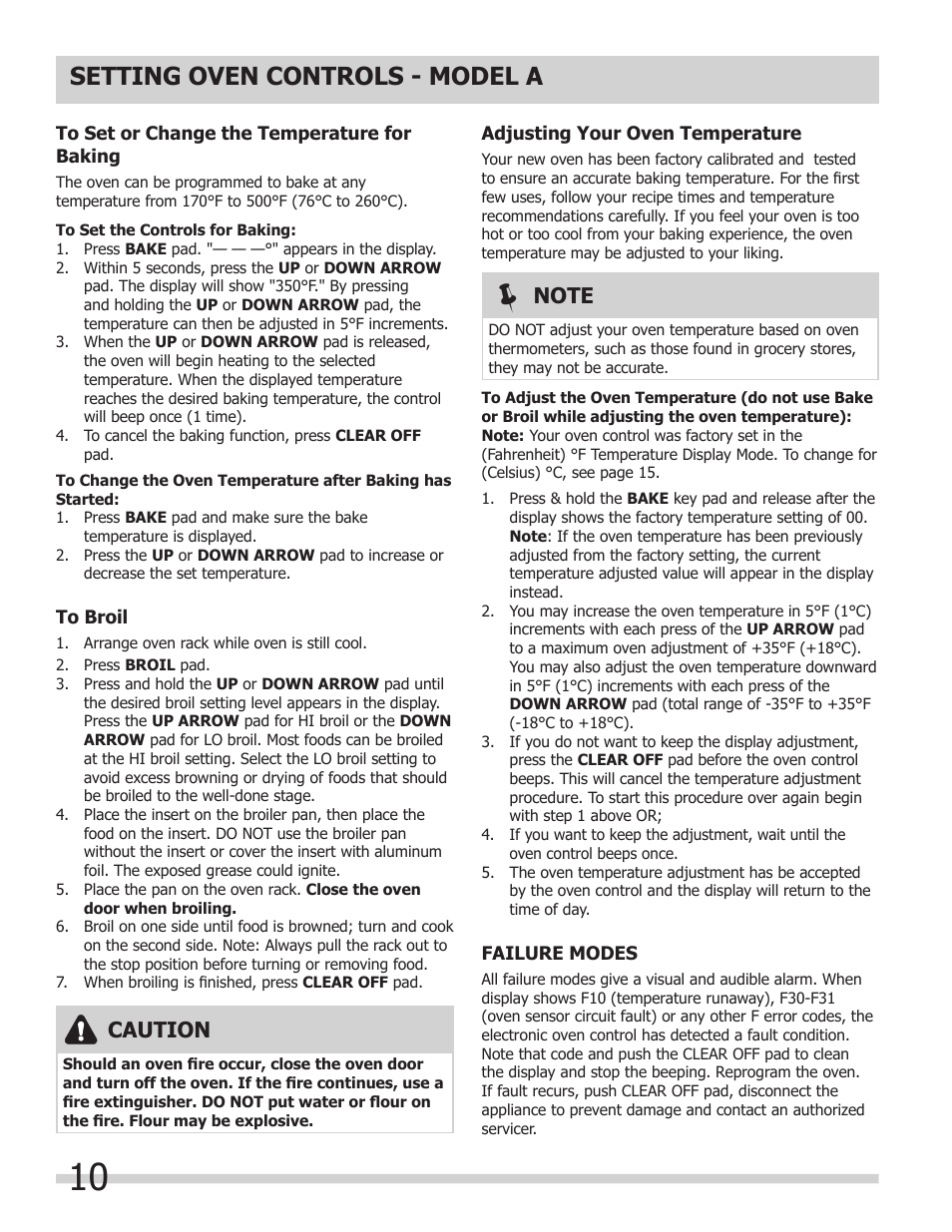 Setting oven controls - model a, Caution | FRIGIDAIRE 318200964 User Manual | Page 10 / 24