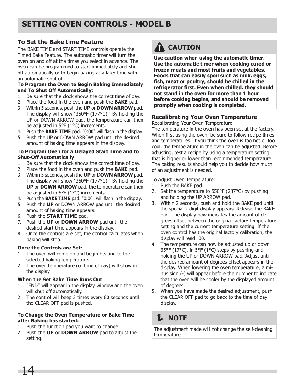 Setting oven controls - model b, Caution | FRIGIDAIRE 318200964 User Manual | Page 14 / 24