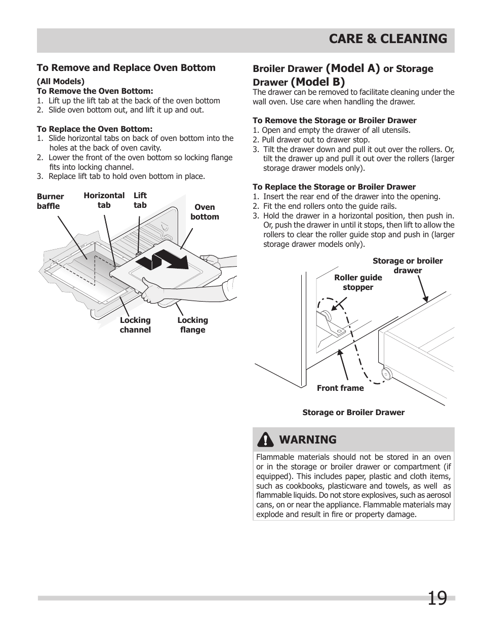 Care & cleaning, Warning, Model a) | Model b) | FRIGIDAIRE 318200964 User Manual | Page 19 / 24