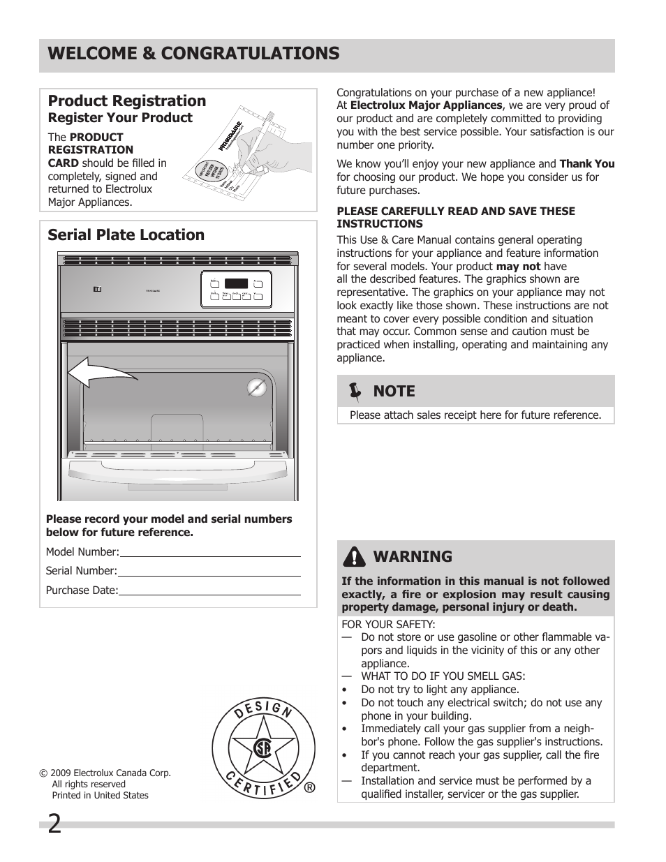 Warning, Product registration, Serial plate location | FRIGIDAIRE 318200964 User Manual | Page 2 / 24