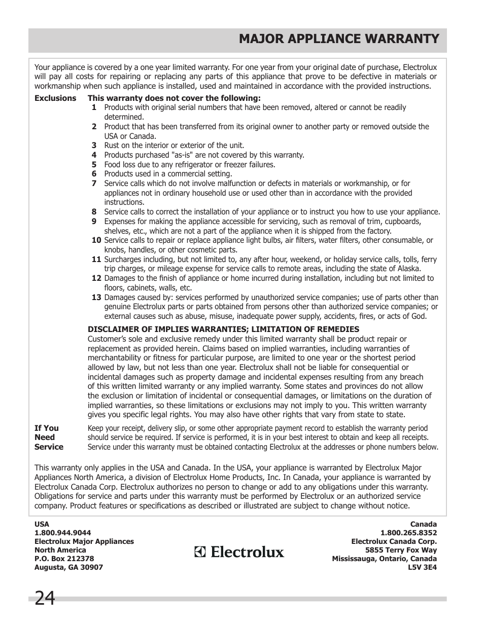 Major appliance warranty | FRIGIDAIRE 318200964 User Manual | Page 24 / 24