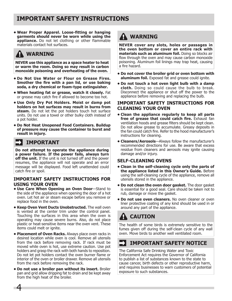 Important safety instructions, Warning, Important | Caution, Important safety notice | FRIGIDAIRE 318200964 User Manual | Page 4 / 24