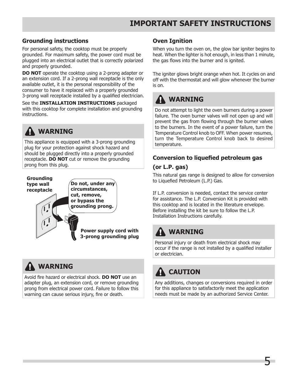 Important safety instructions, Warning, Caution | FRIGIDAIRE 318200964 User Manual | Page 5 / 24