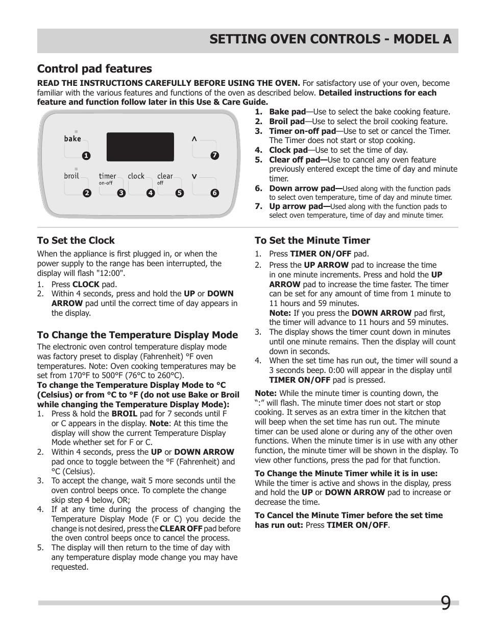 Setting oven controls - model a, Control pad features | FRIGIDAIRE 318200964 User Manual | Page 9 / 24