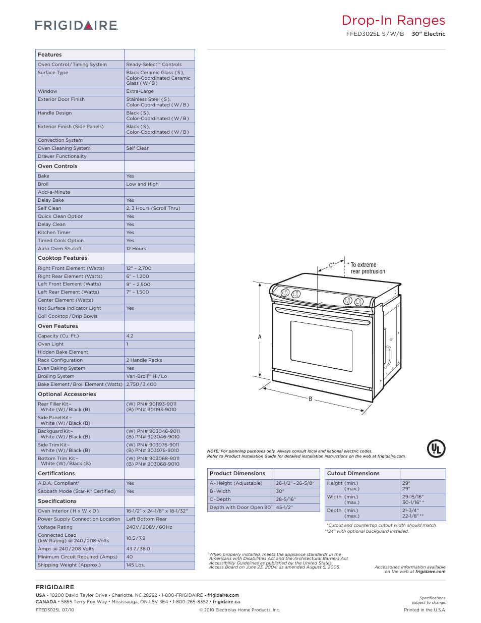 Slide-in electric ranges frigidaire baseline, Drop-in ranges | FRIGIDAIRE DROP-IN RANGES FPEC3085K User Manual | Page 2 / 2