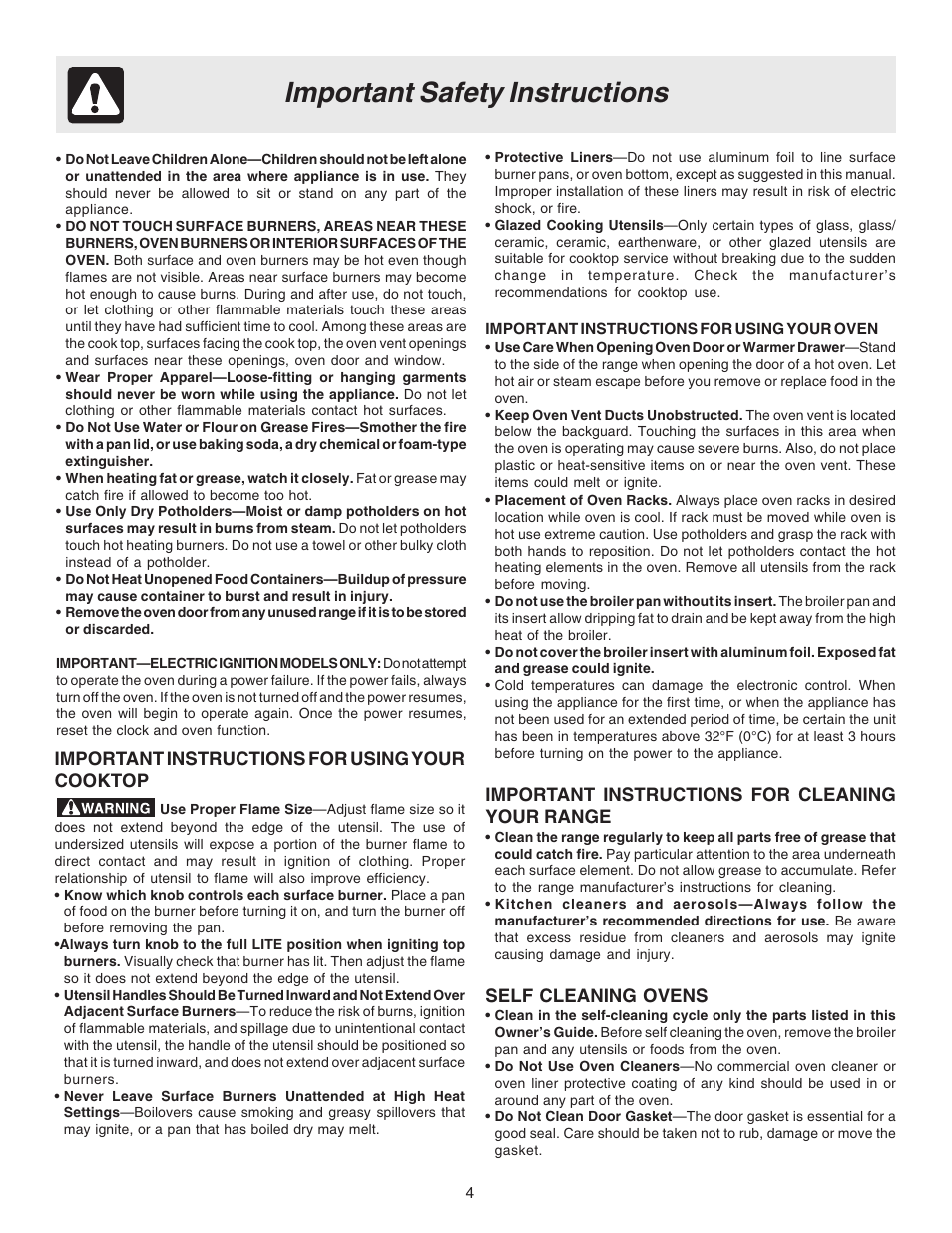 Important safety instructions, Important instructions for cleaning your range, Self cleaning ovens | Important instructions for using your cooktop | FRIGIDAIRE 316417130 User Manual | Page 4 / 20