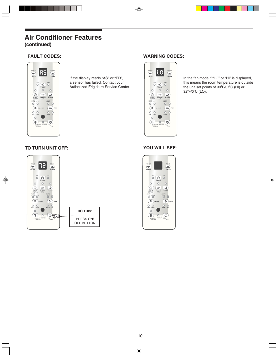 Air conditioner features, Continued), Fault codes: warning codes | You will see | FRIGIDAIRE 220211A243 User Manual | Page 10 / 13