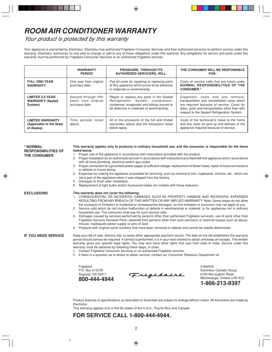 Room air conditioner warranty, Your product is protected by this warranty | FRIGIDAIRE 220211A243 User Manual | Page 2 / 13