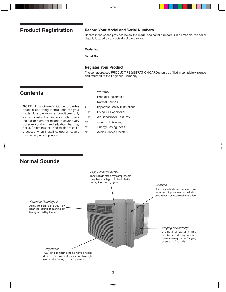 Product registration contents normal sounds | FRIGIDAIRE 220211A243 User Manual | Page 3 / 13