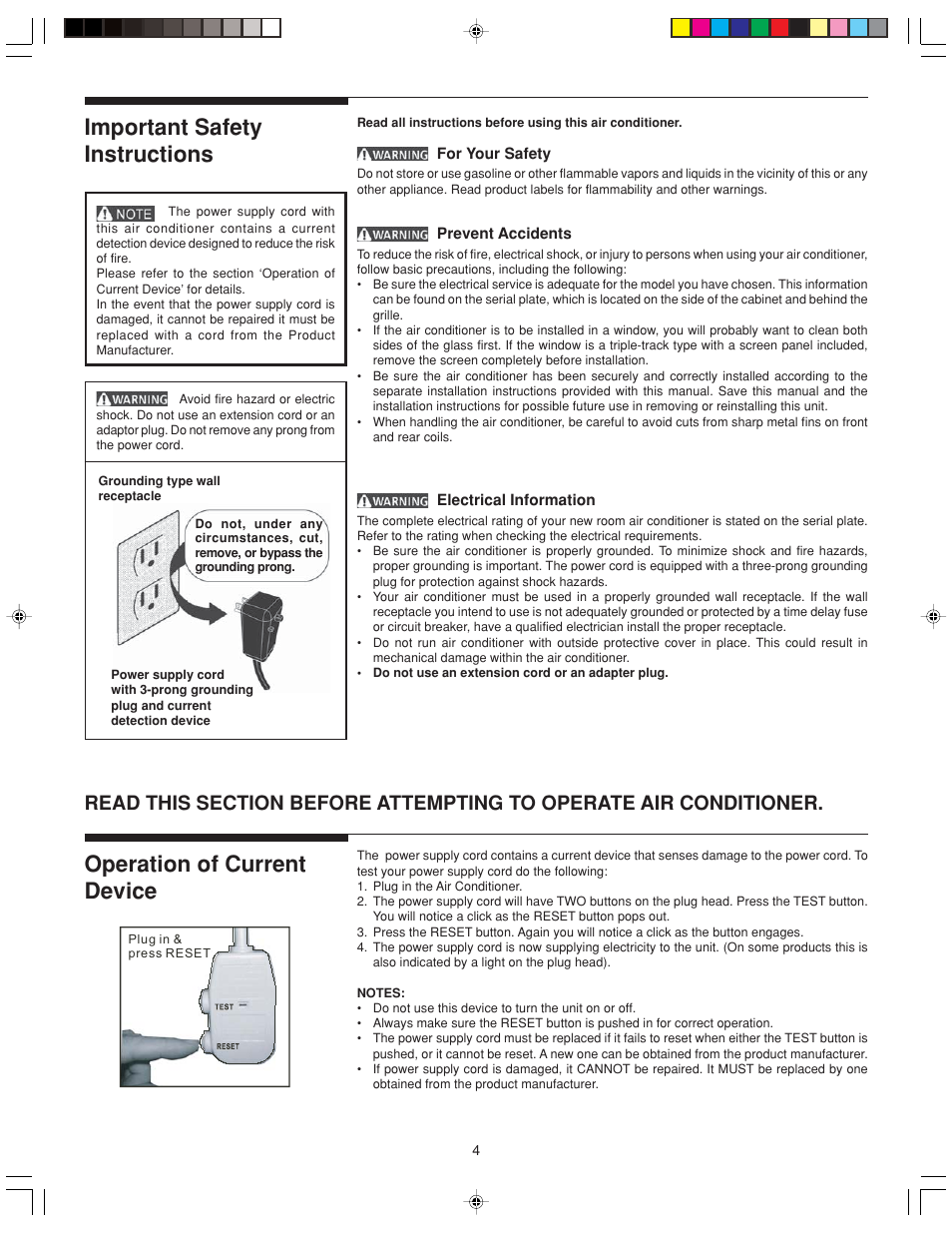 Important safety instructions, Operation of current device | FRIGIDAIRE 220211A243 User Manual | Page 4 / 13
