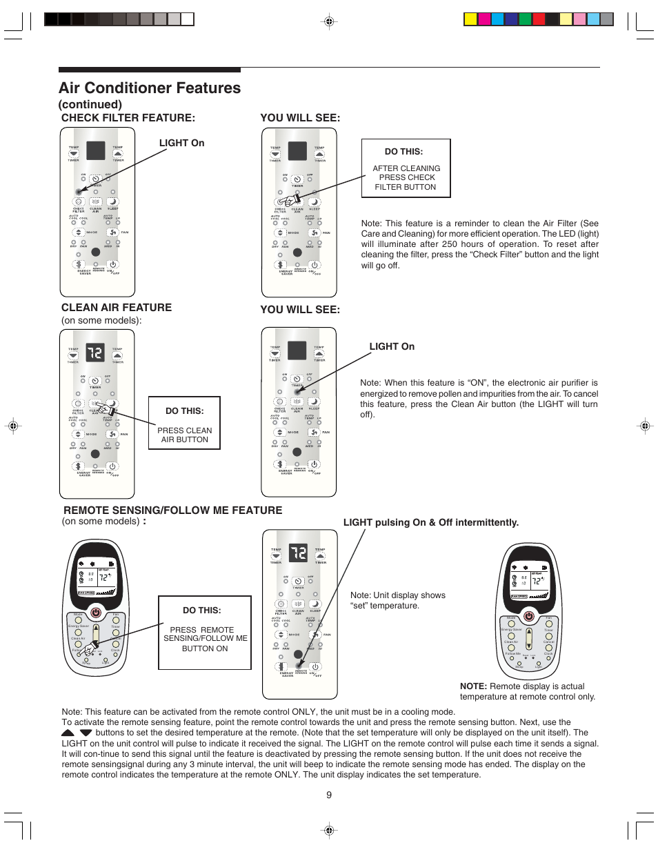Air conditioner features, Continued), Check filter feature: you will see | Clean air feature, You will see, Remote sensing/follow me feature, Light on, On some models): light on, Light pulsing on & off intermittently, On some models) | FRIGIDAIRE 220211A243 User Manual | Page 9 / 13